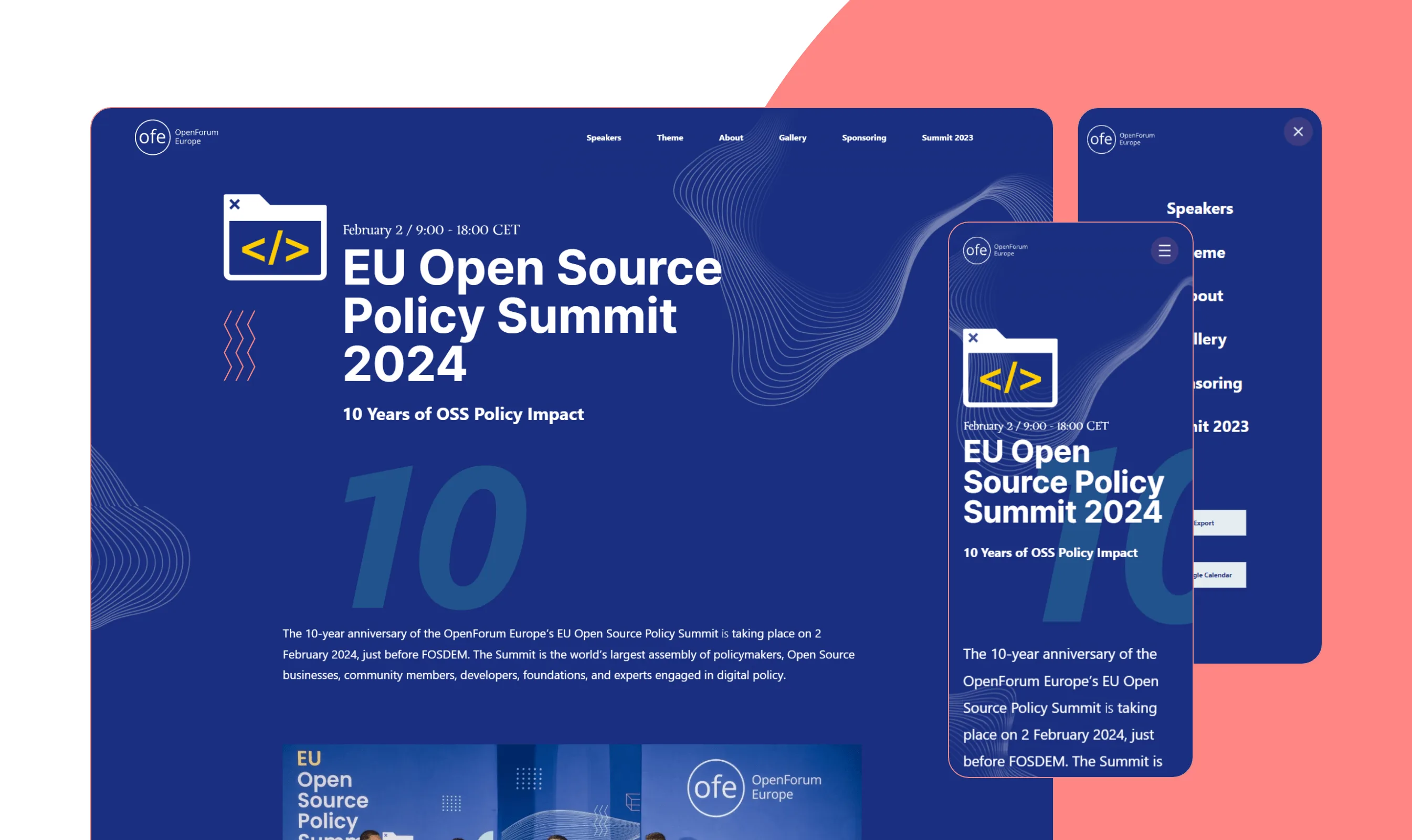 Okładka case study OpenForum Europe: nowoczesny i merytoryczny design strony głównej (desktop i mobile) dla europejskiego think tanku zajmującego się otwartymi standardami w IT.