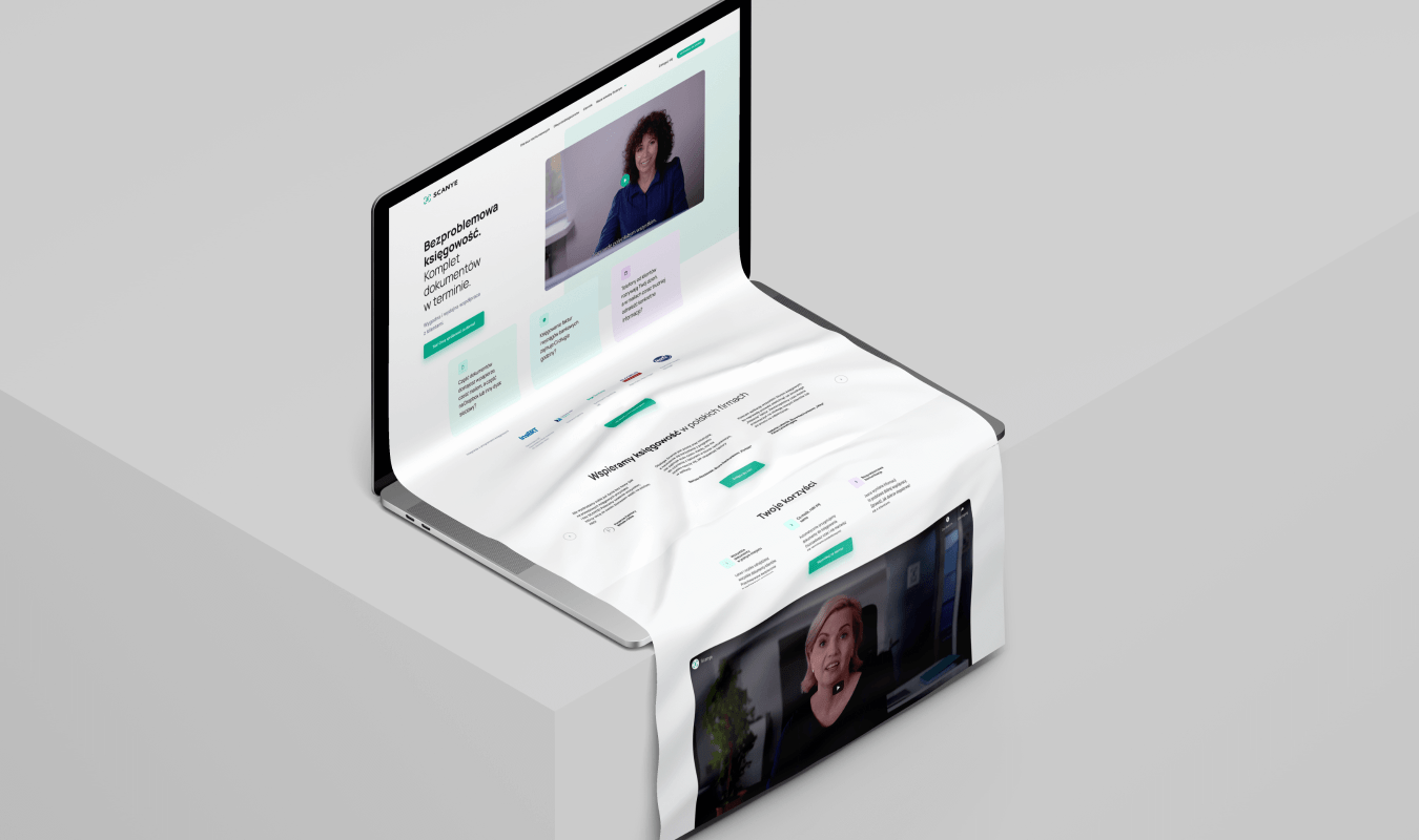 Okładka case study Scanye: nowoczesna i przejrzysta strona główna (desktop i mobile) platformy do automatyzacji obiegu dokumentów księgowych.