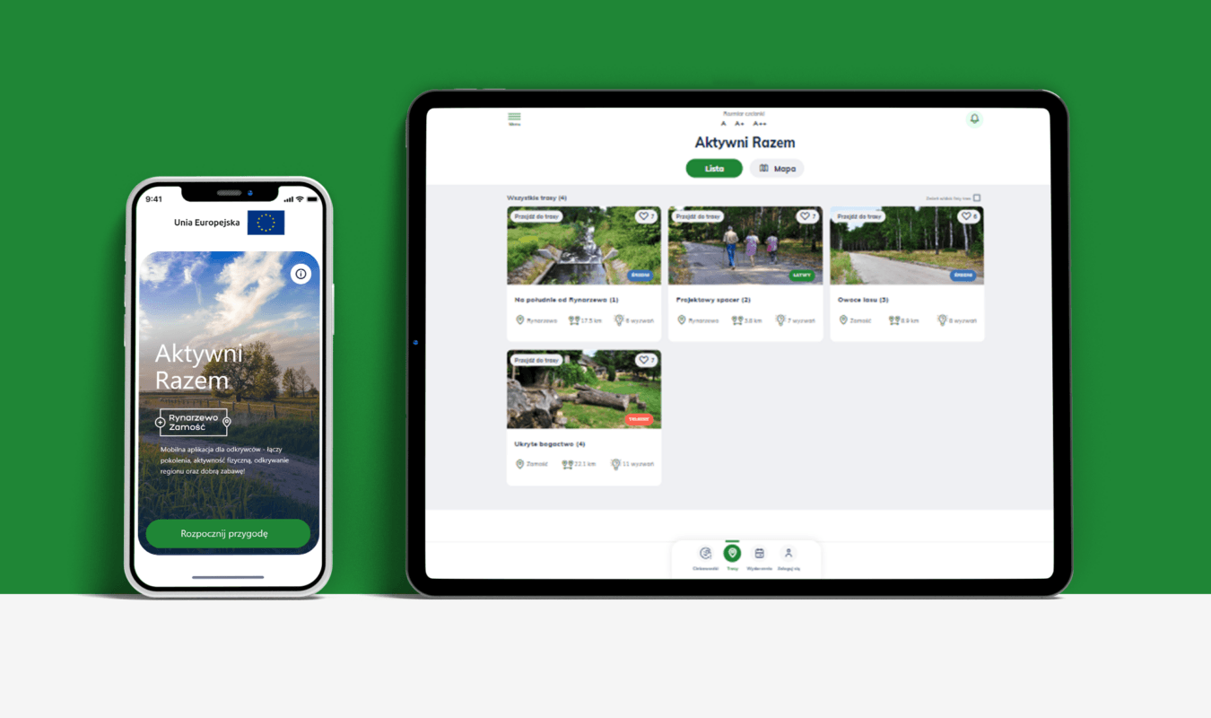 Okładka case study aplikacji turystycznej Aktywni Razem: mockup interfejsu na tablecie i smartfonie prezentujący mapę tras i nowoczesny branding dla odkrywców z gminy Szubin.