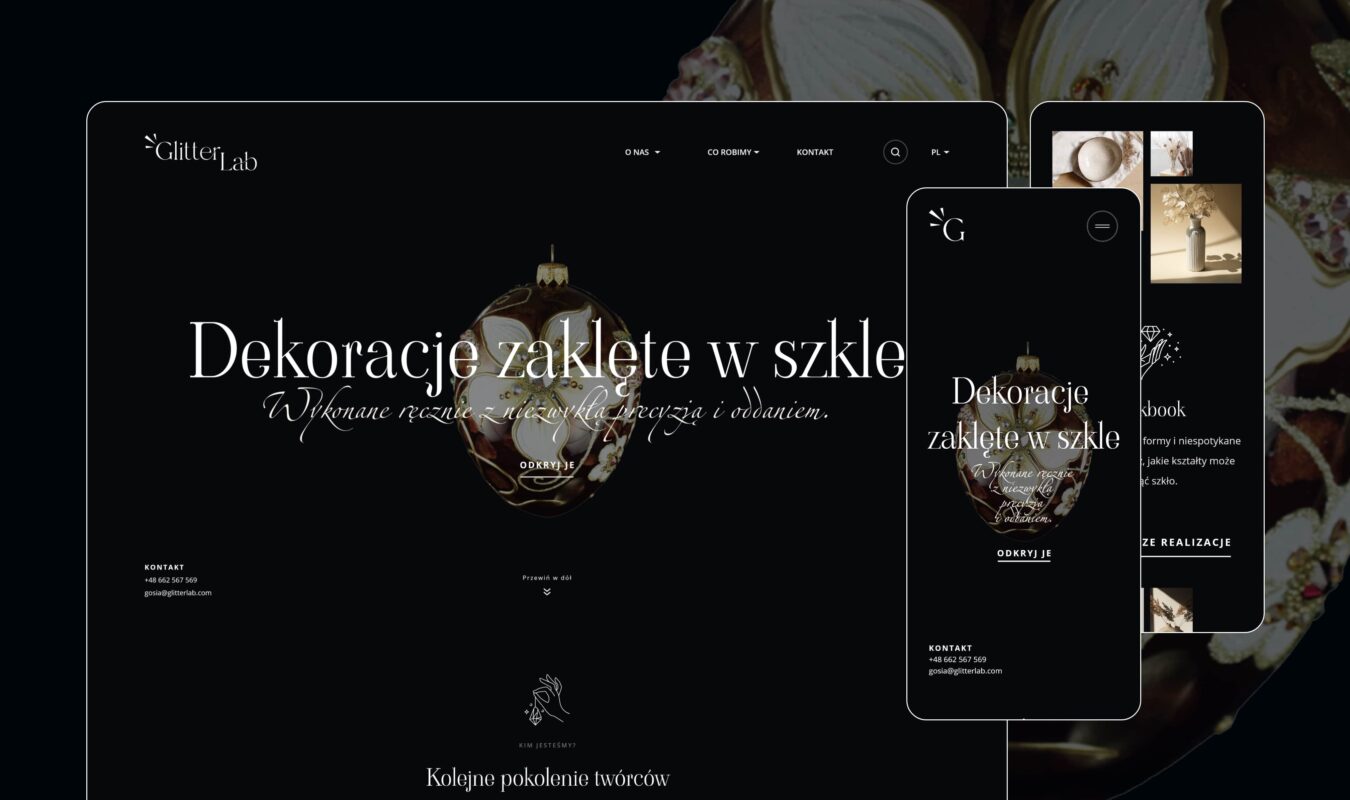 Okładka case study Glitter Lab: ekskluzywny i artystyczny design strony głównej (desktop i mobile) dla polskiej manufaktury luksusowych szklanych ozdób.