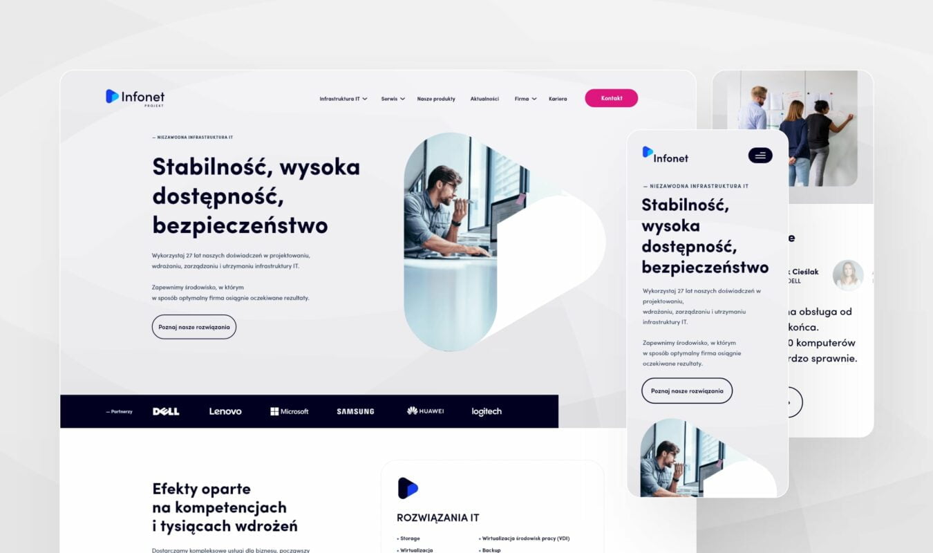 Okładka case study Infonet Projekt: nowoczesny design strony głównej (desktop i mobile) po rebrandingu, prezentujący odświeżony wizerunek lidera infrastruktury IT.