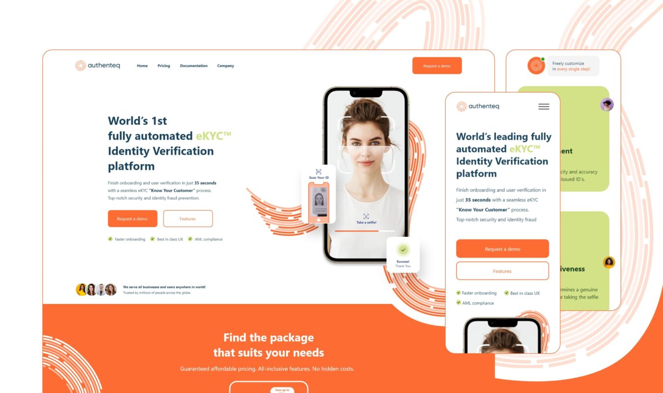 kładka case study Authenteq: nowoczesny design strony głównej (desktop i mobile) dla startupu oferującego technologię e-weryfikacji tożsamości KYC.