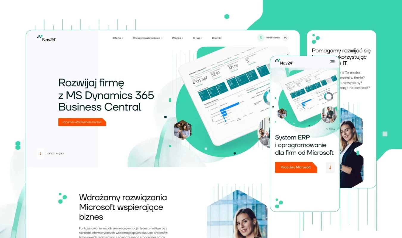 Okładka case study Nav24: nowoczesny i animowany design strony głównej (desktop i mobile) wdrożony na podstawie rebrandingu dla partnera rozwiązań Microsoft ERP.
