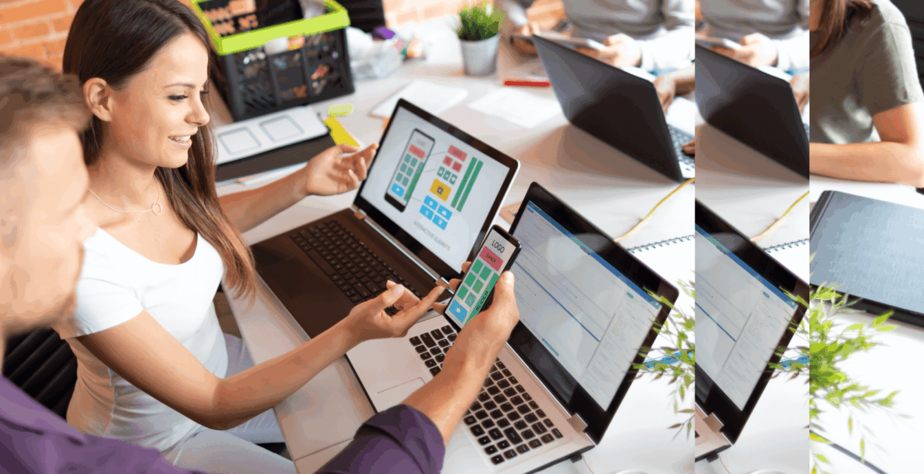 Zespół projektowy w biurze analizuje makiety interfejsu aplikacji mobilnej i desktopowej na ekranach laptopów oraz smartfona. Kobieta w białej bluzce i mężczyzna w fioletowej koszuli wskazują elementy układu graficznego; kreatywny efekt przesunięcia i multiplikacji kadru po prawej stronie.