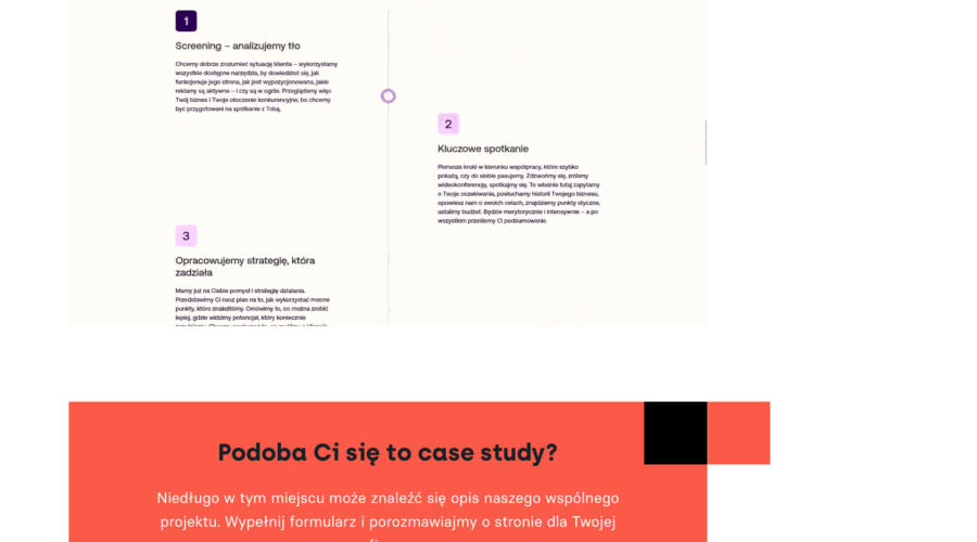 Wizualizacja sekcji Call to Action (CTA) na stronie internetowej agencji Wise People. Na jaskrawym, koralowo-czerwonym tle widnieje nagłówek „Podoba Ci się to case study?” oraz czarny, zaokrąglony przycisk z białym napisem „SKONTAKTUJ SIĘ”. W tle widoczna struktura menu z zakładkami „Case Studies” oraz „Szybki kontakt”.