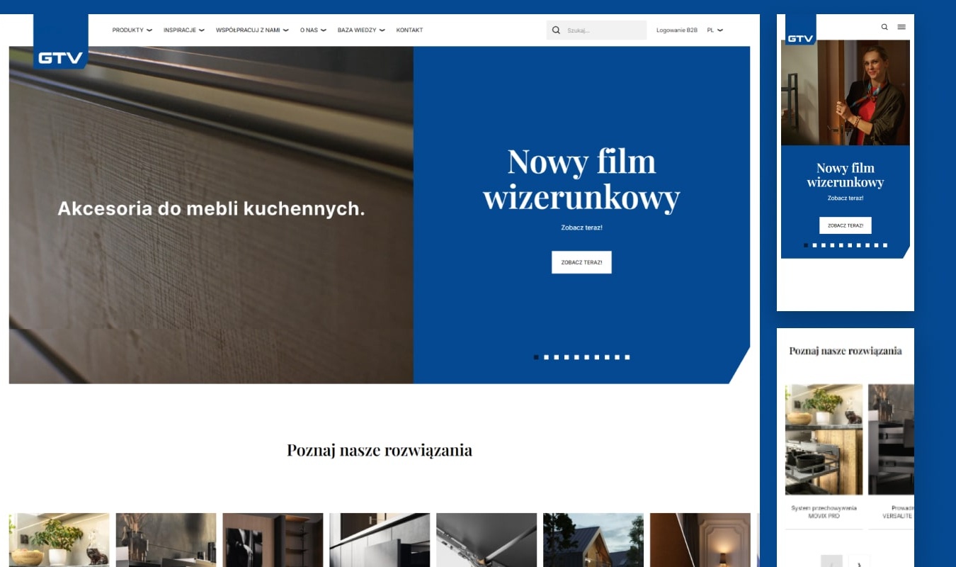 Okładka case study GTV: nowoczesna i korporacyjna strona główna (desktop i mobile) globalnego producenta akcesoriów meblowych i oświetlenia LED.