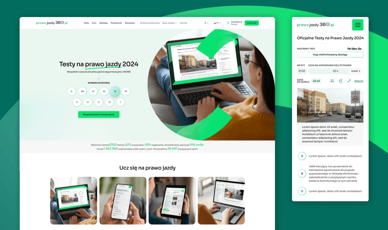 Okładka case study Prawo Jazdy 360: mockup nowoczesnej strony głównej (desktop) oraz interfejsu testu teoretycznego w wersji mobilnej.