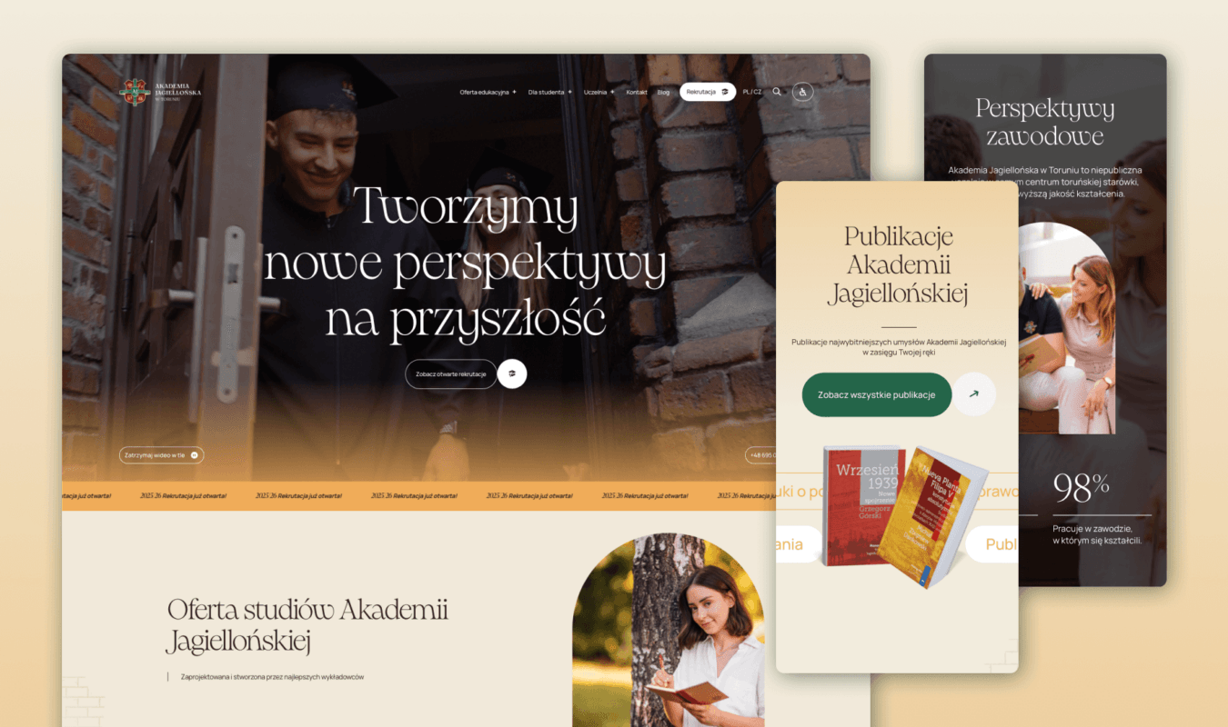Okładka case study Akademii Jagiellońskiej: nowoczesny i prestiżowy design strony głównej (desktop i mobile) jednej z czołowych uczelni niepublicznych w Polsce.