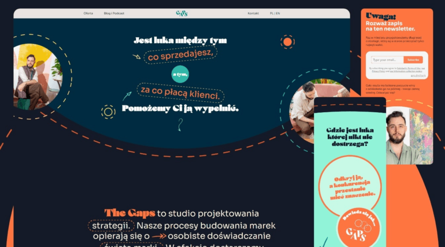 Wizualizacja interfejsu strony studia projektowego The Gaps na komputerze i urządzeniach mobilnych. Ciemnogranatowe tło z koralowymi akcentami oraz wyrazistymi, zaokrąglonymi napisami dekoracyjnymi w stylu retro.