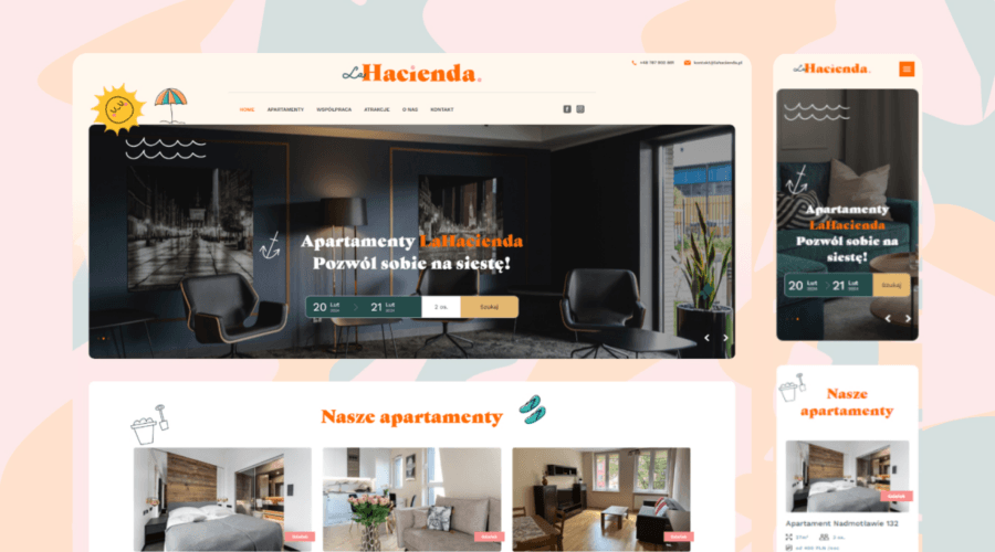 Wizualizacja serwisu internetowego apartamentów La Hacienda w wersji desktopowej i mobilnej. Projekt łączy elegancki, szeryfowy krój nagłówków w kolorze pomarańczowym z czystym, geometrycznym fontem bezszeryfowym w sekcjach opisowych i kafelkach produktowych.