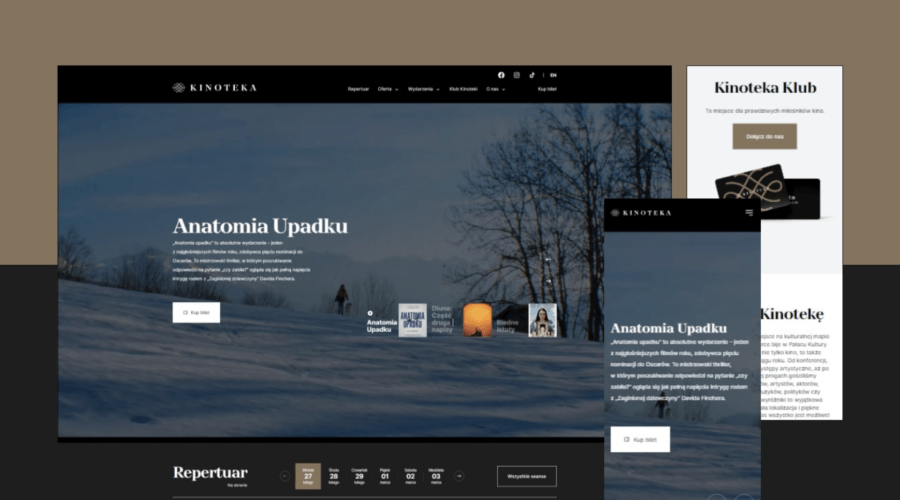 Wizualizacja projektu strony internetowej dla Kinoteki na ekranie komputera oraz smartfona. Widoczny elegancki, wielkoformatowy baner ze zdjęciem zimowego krajobrazu i dużym napisem „Anatomia Upadku” złożonym wyrazistym fontem szeryfowym.