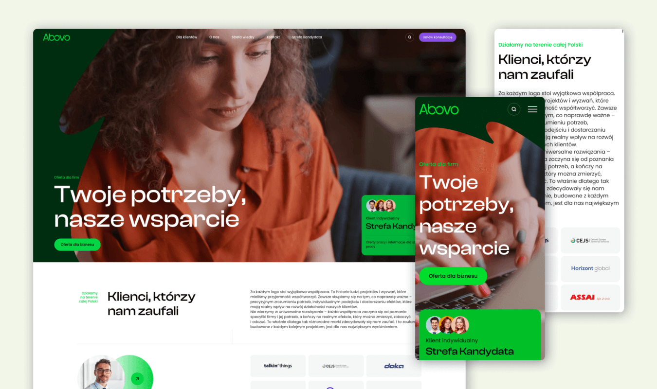 Okładka case study Ab Ovo: nowoczesny i dynamiczny design strony głównej (desktop i mobile) agencji pracy, zaprojektowany w metodologii Atomic Design.