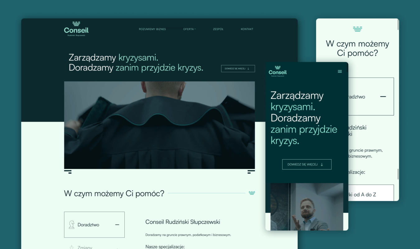Okładka case study Kancelarie Conseil: profesjonalny i nowoczesny projekt strony głównej (desktop i mobile) dla kancelarii prawnej wspierającej biznes.