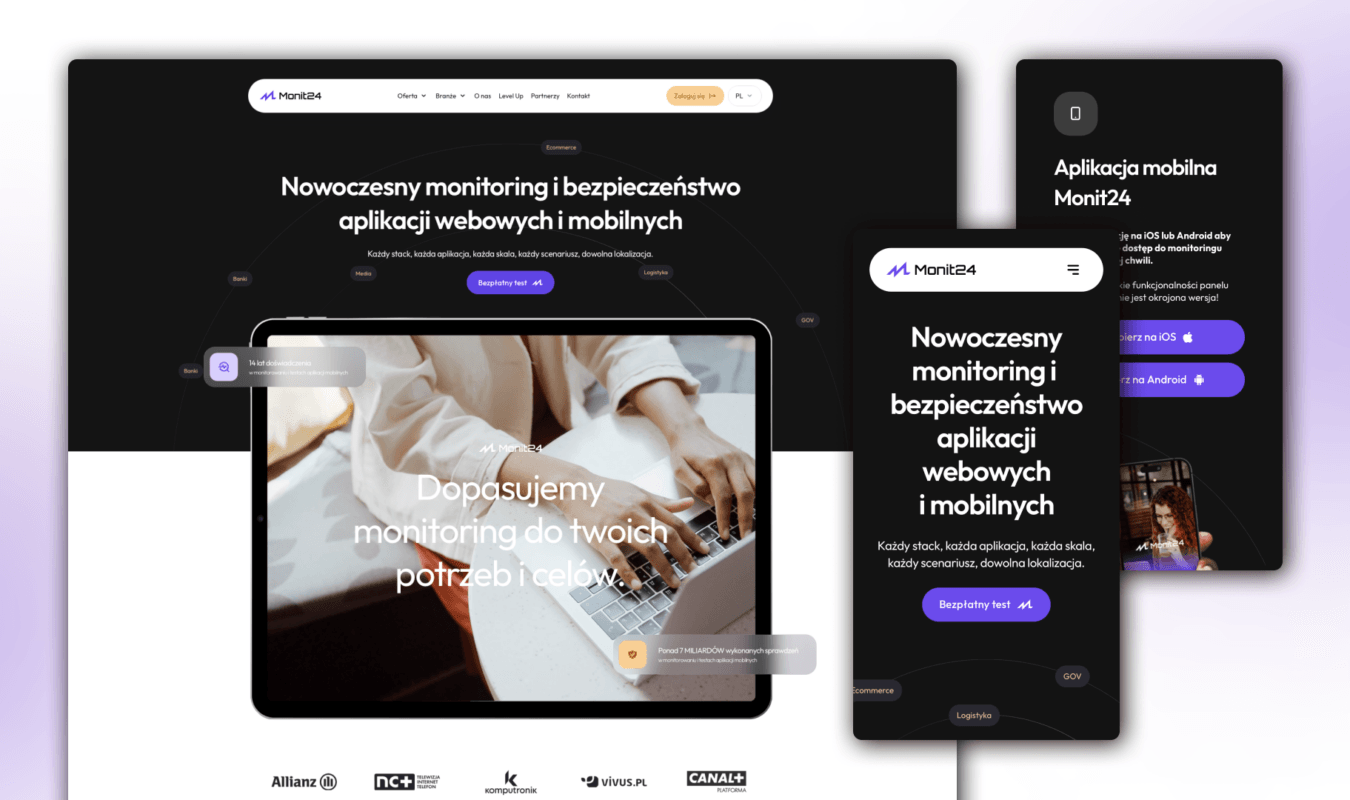 Okładka case study Monit24: wyrazisty i technologiczny design strony głównej (desktop i mobile) odzwierciedlający bezpieczeństwo i innowacyjność marki.