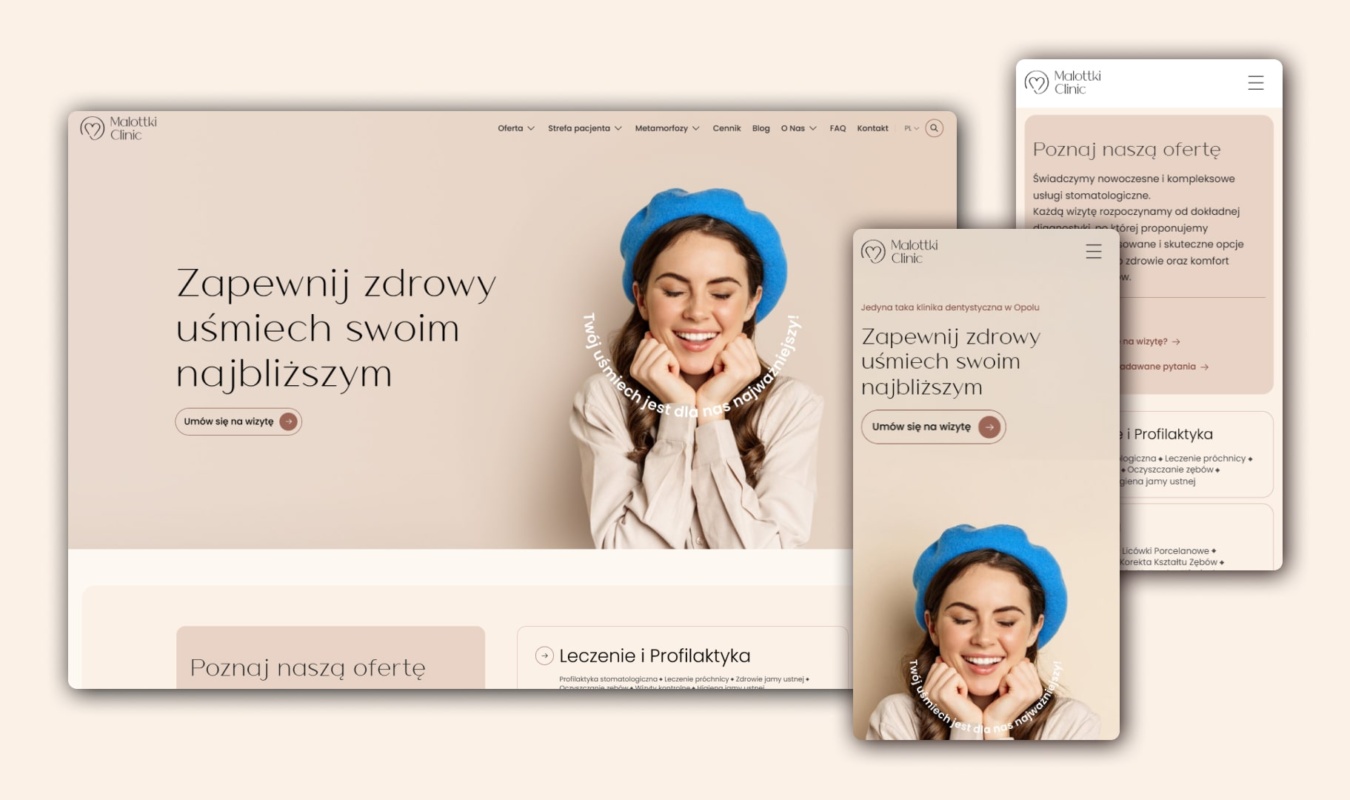 Okładka case study Malottki Clinic: nowoczesny projekt strony głównej (desktop i mobile) łączący medyczny profesjonalizm z przyjaznym wizerunkiem marki.