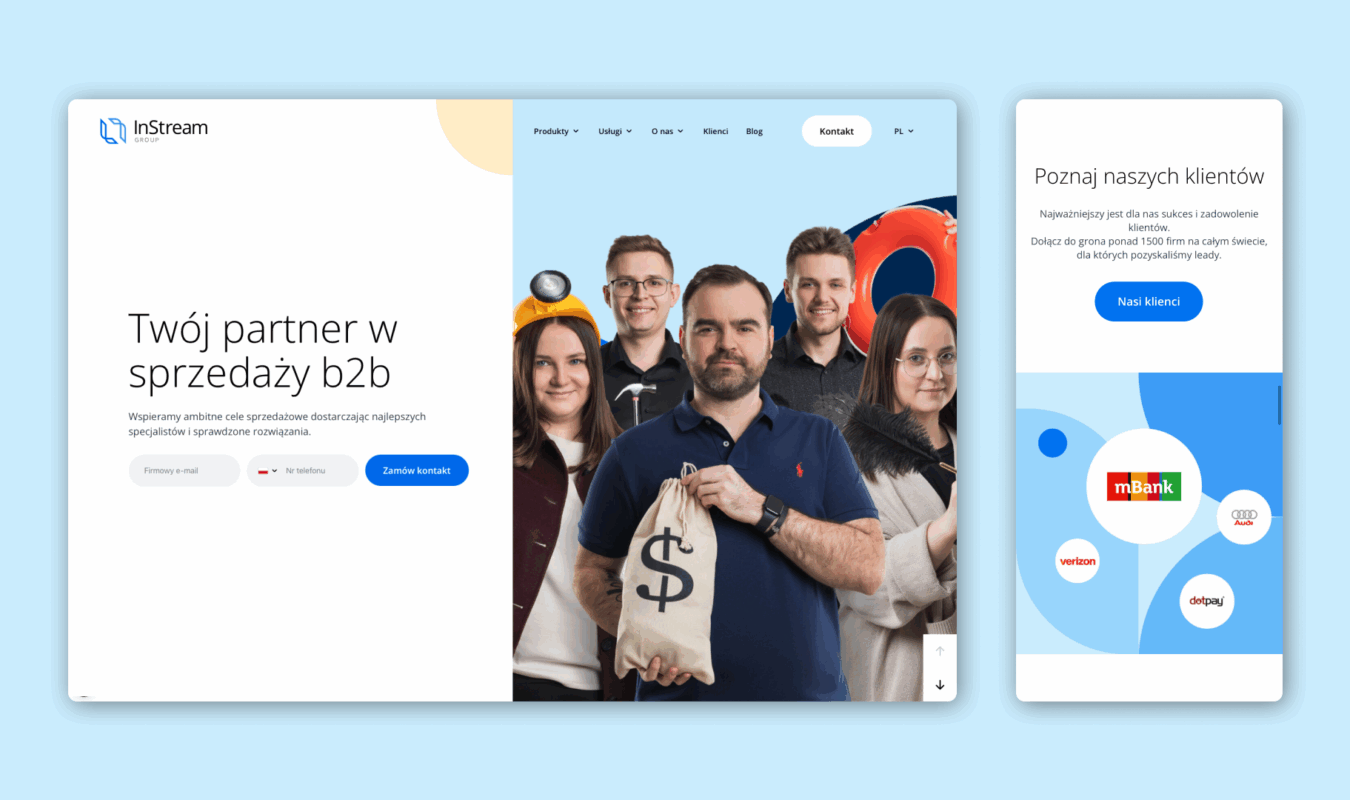 Okładka case study InStream Group: nowoczesny i profesjonalny projekt strony głównej (desktop i mobile) wspierający globalną ekspansję w sektorze lead generation B2B.