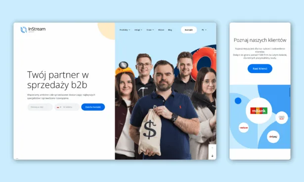 Okładka case study InStream Group: nowoczesny i profesjonalny projekt strony głównej (desktop i mobile) wspierający globalną ekspansję w sektorze lead generation B2B.