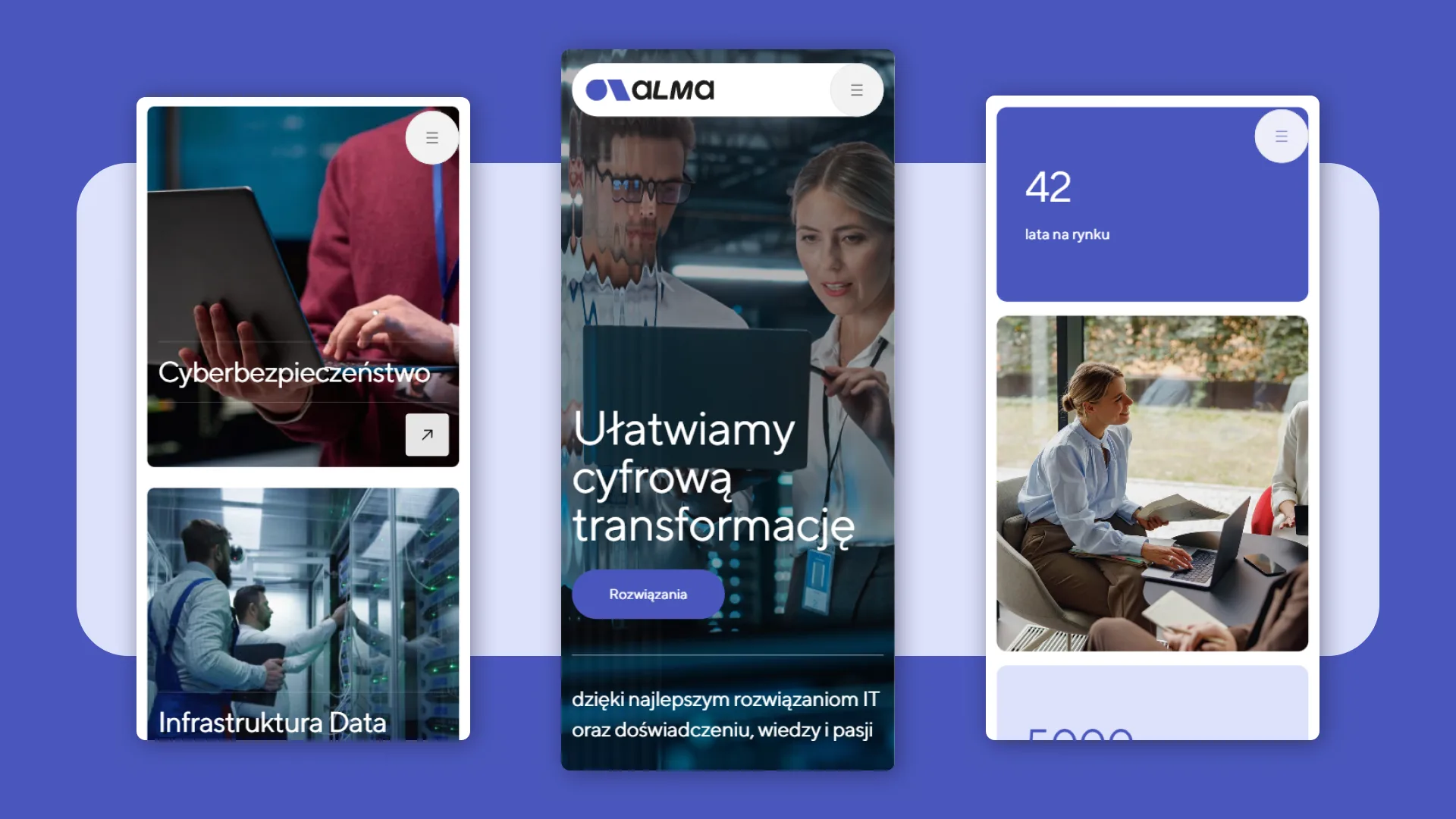 Trzy ekrany aplikacji mobilnej Alma prezentujące nowoczesny interfejs użytkownika (UI) i intuicyjną nawigację.