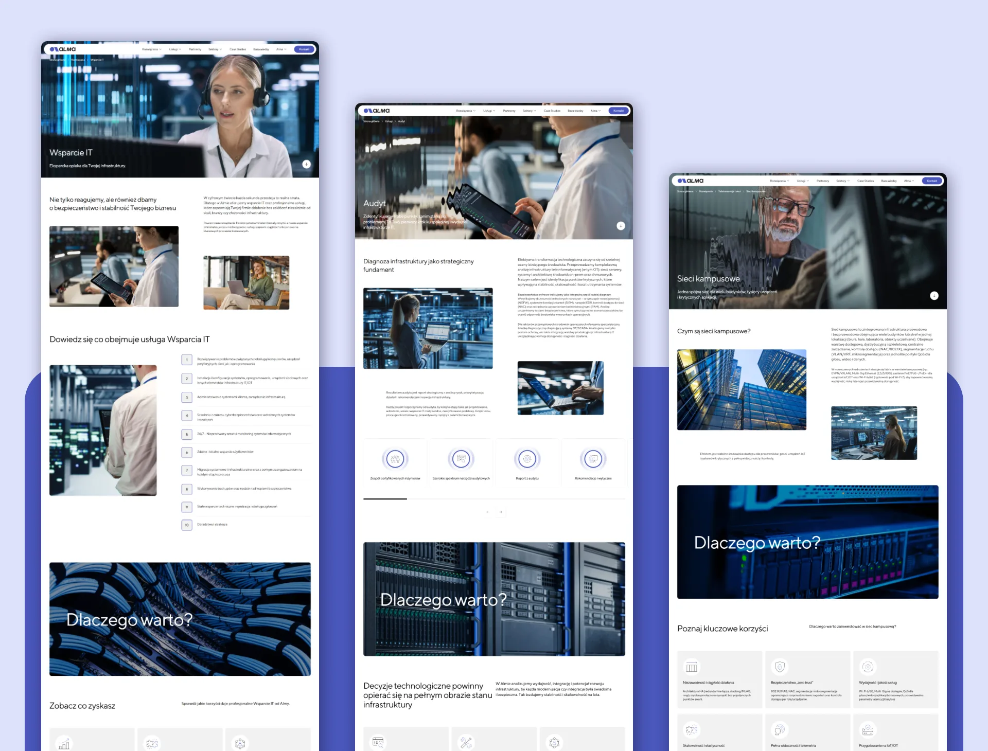 Zestaw widoków desktopowych strony Alma, prezentujący architekturę informacji oraz spójność wizualną witryny.