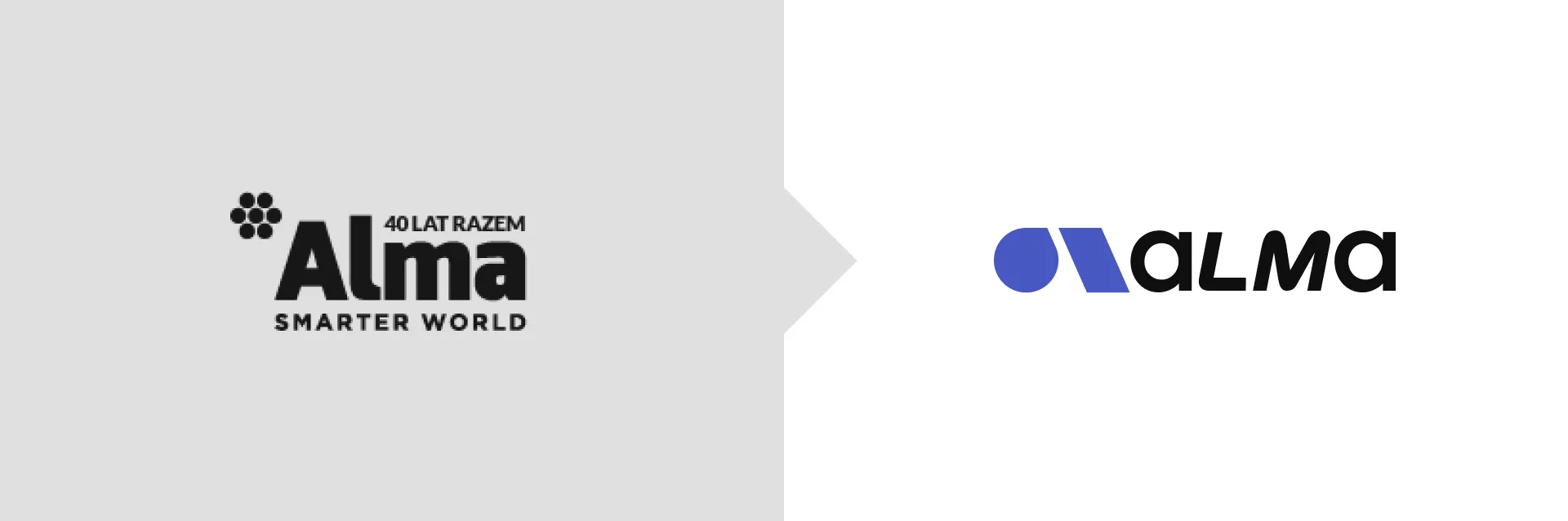 Porównanie starego i nowego logo marki Alma – profesjonalny redesign logotypu odświeżający tożsamość wizualną firmy.