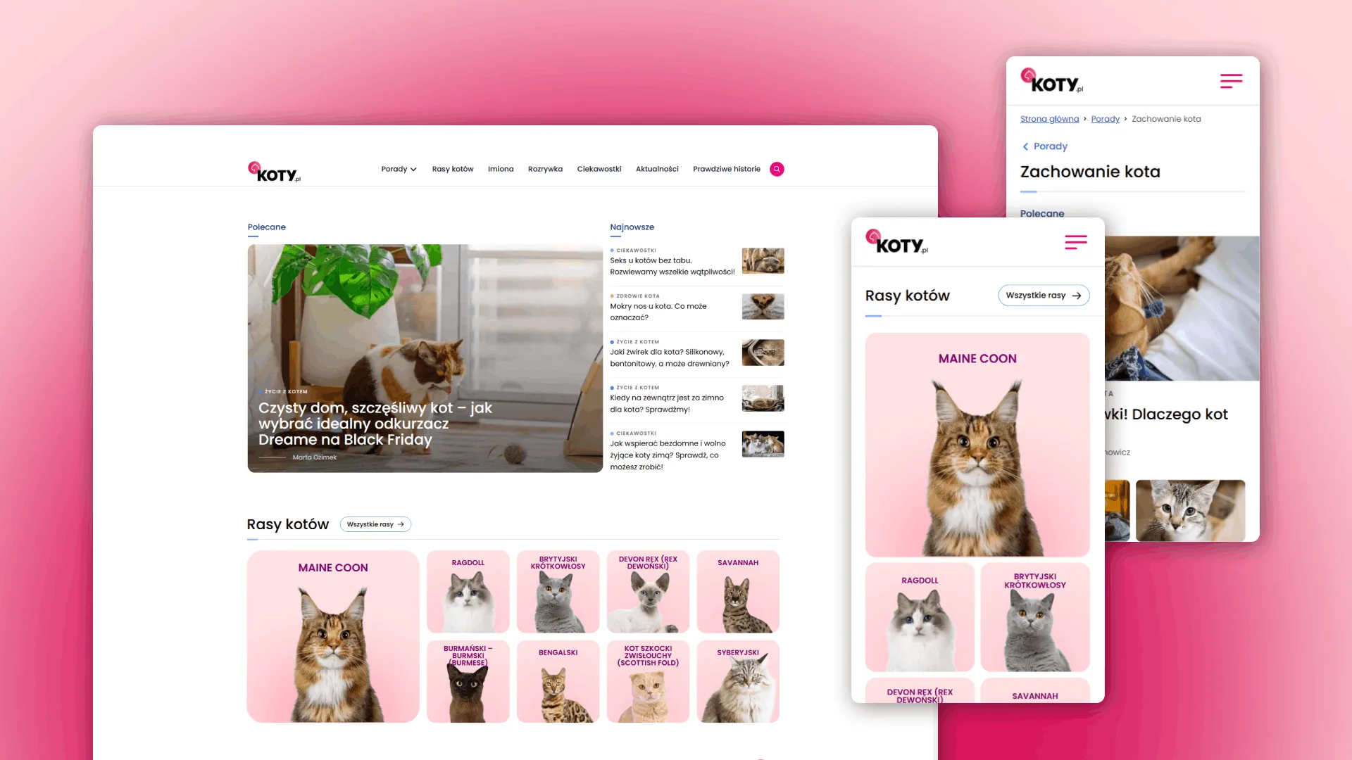 Mockupy prezentujące responsywny design portalu koty.pl w wersji mobile oraz desktop, zaprojektowany przez Wise People.