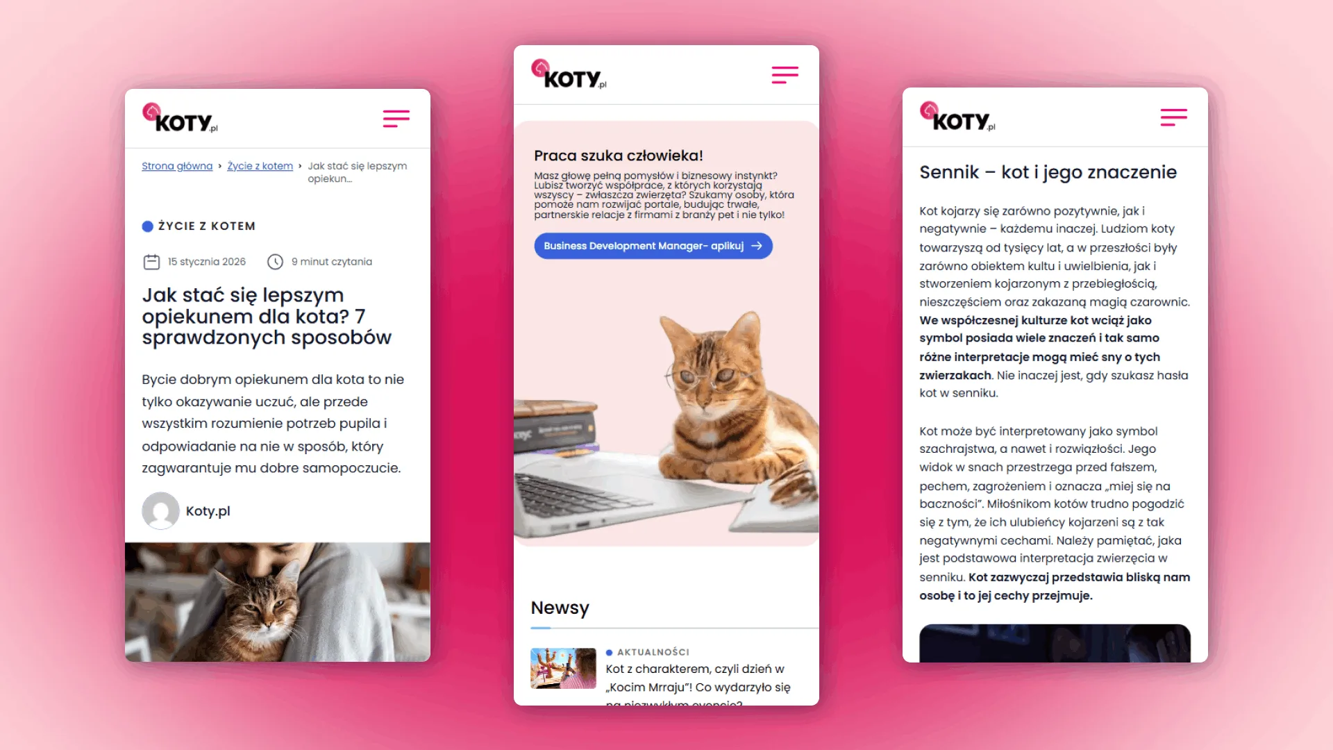 Mockup prezentujące responsywny design portalu koty.pl w wersji mobile, zaprojektowany przez Wise People.