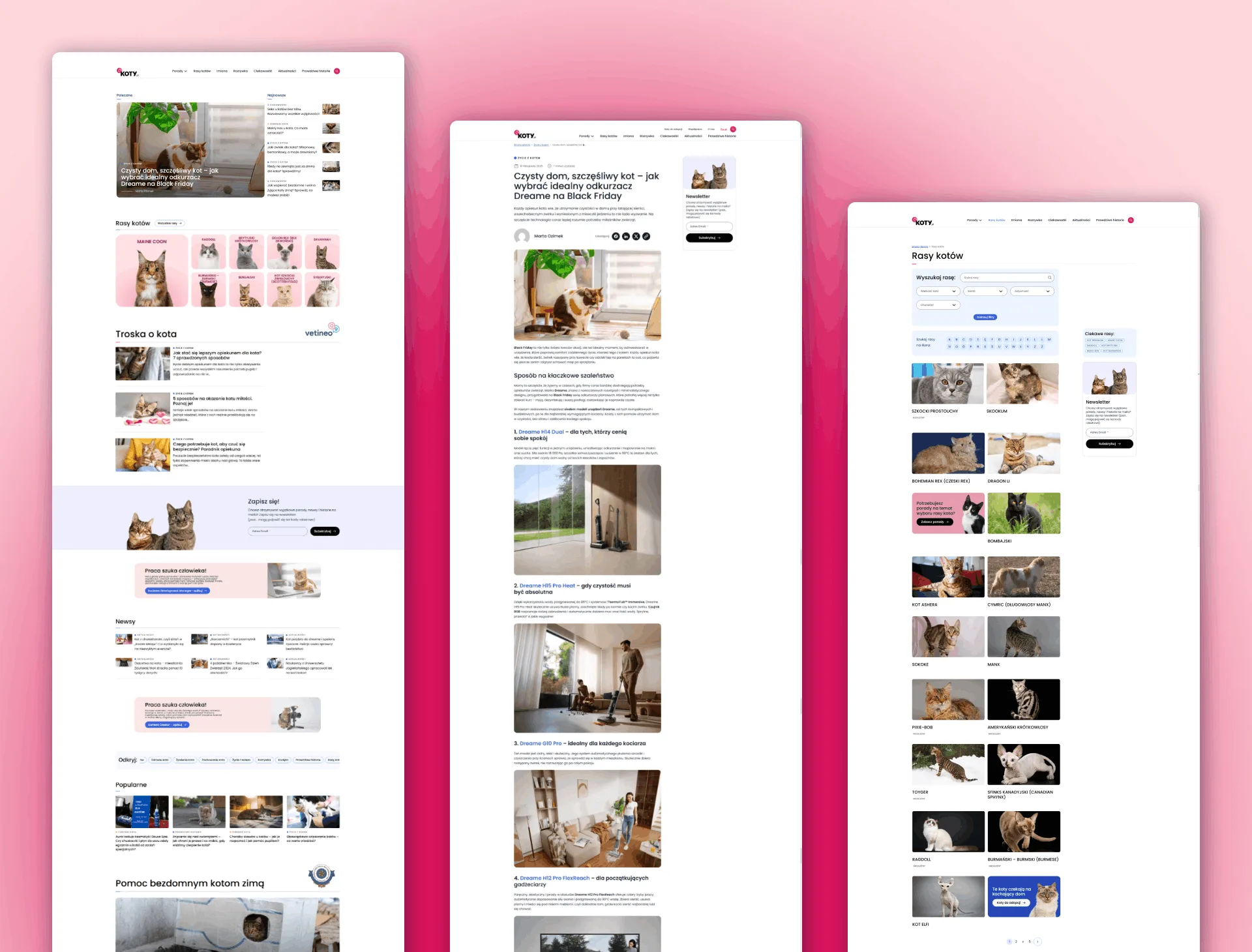 Mockupy prezentujące responsywne designy portalu koty.pl w wersji desktop, zaprojektowany przez Wise People.