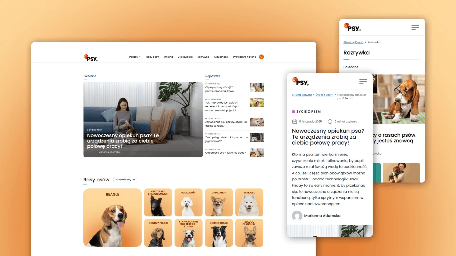 Mockupy prezentujące responsywny design portalu psy.pl w wersjach desktop oraz mobile, zaprojektowany przez Wise People.