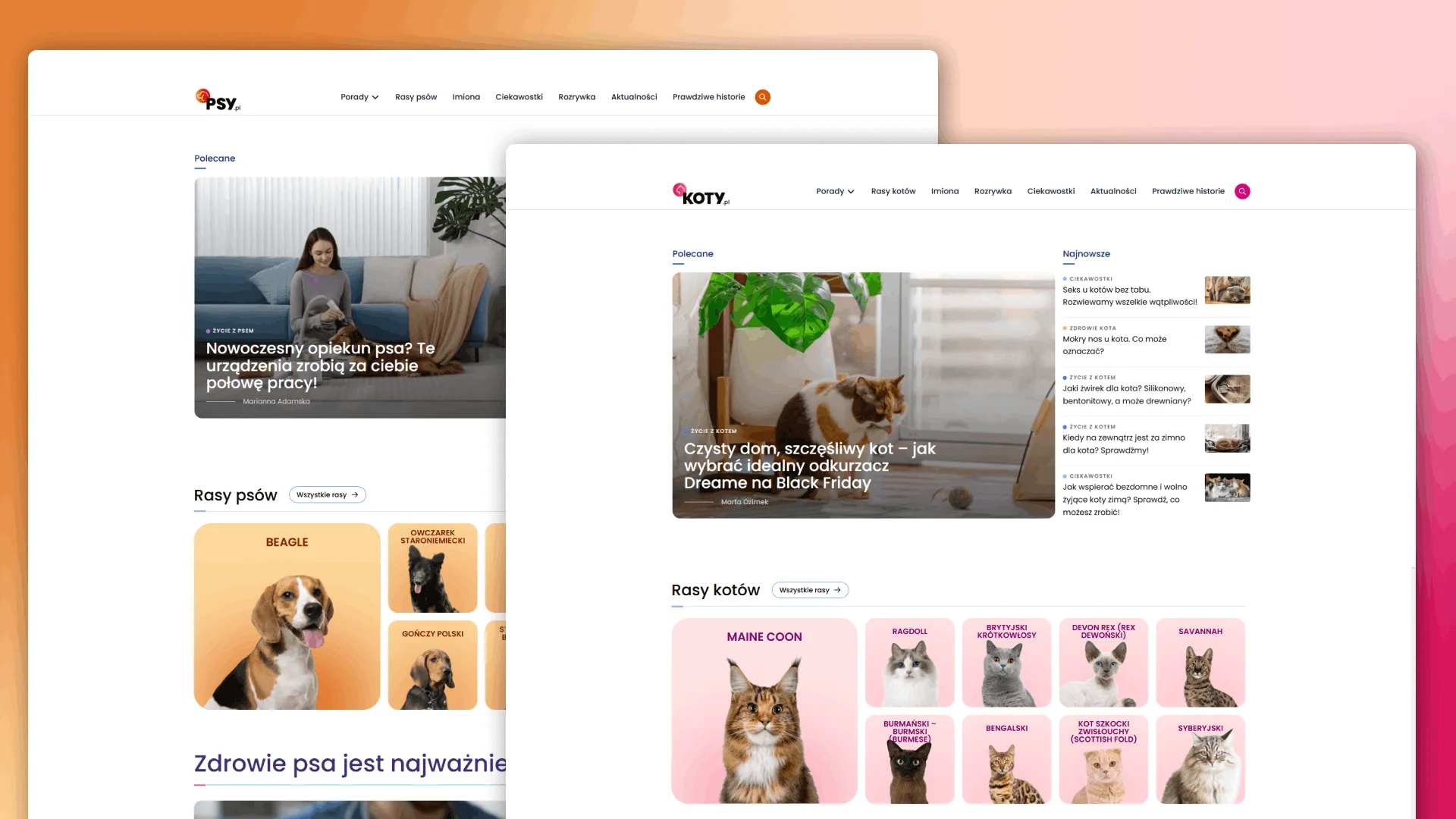 Mockupy desktopowe stron głównych psy.pl i koty.pl, prezentujące unikalny branding oparty na wspólnym, wydajnym szablonie zaprojektowanym przez Wise People.