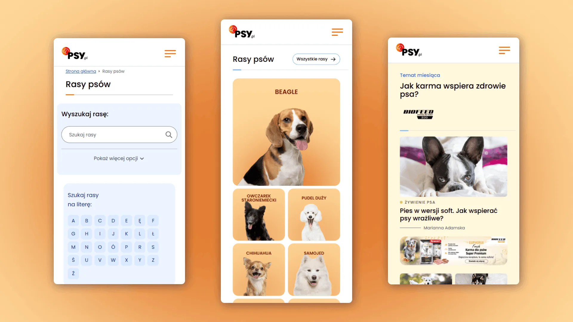 Mockupy prezentujące responsywny design portalu psy.pl w wersji mobile, zaprojektowany przez Wise People.