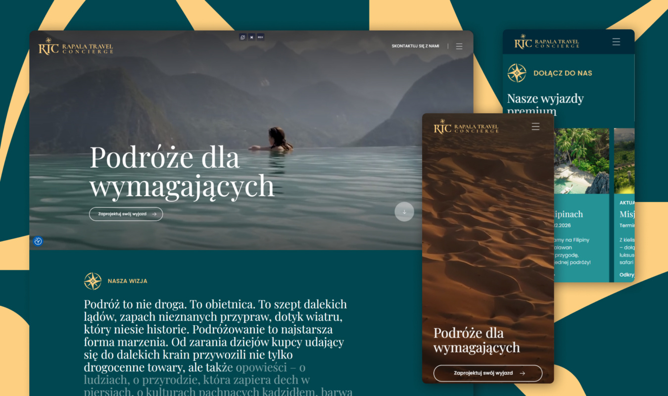 Okładka case study Rapala Travel Concierge: luksusowy i minimalistyczny design strony głównej (desktop i mobile) butikowego biura podróży premium.