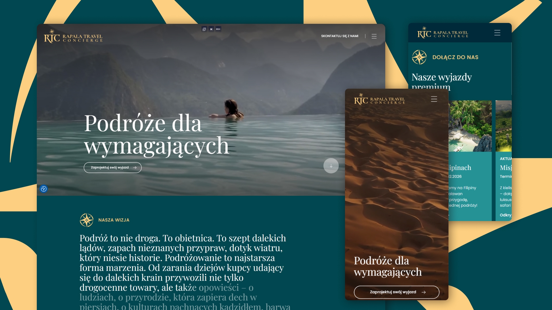 Okładka case study Rapala Travel Concierge: luksusowy i minimalistyczny design strony głównej (desktop i mobile) butikowego biura podróży premium.