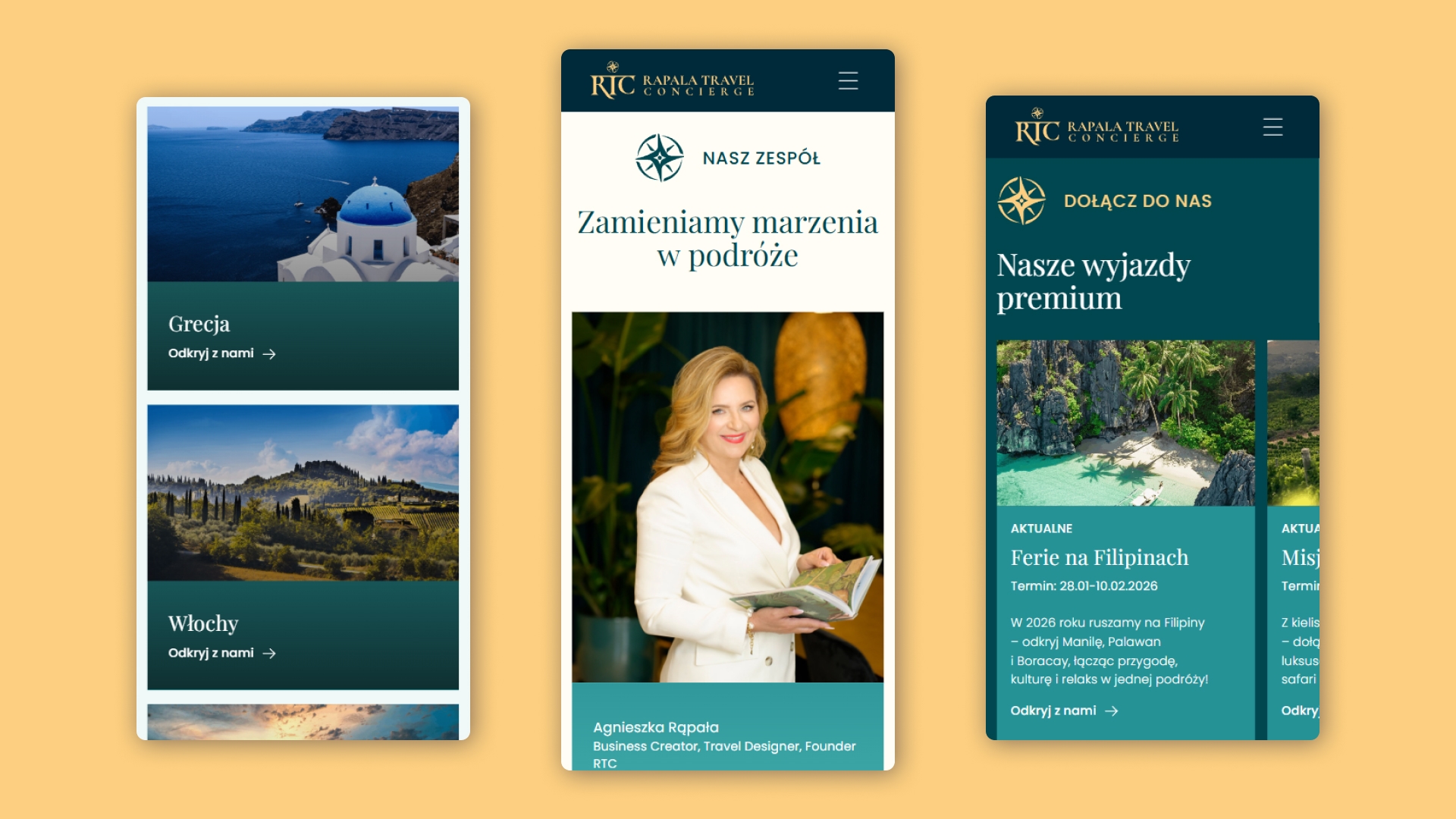 Interfejs mobilny Rapala.tc: prezentacja sekcji kierunków wypraw, strony o założycielce Agnieszce Rąpale oraz aktualności w eleganckim, responsywnym wydaniu.