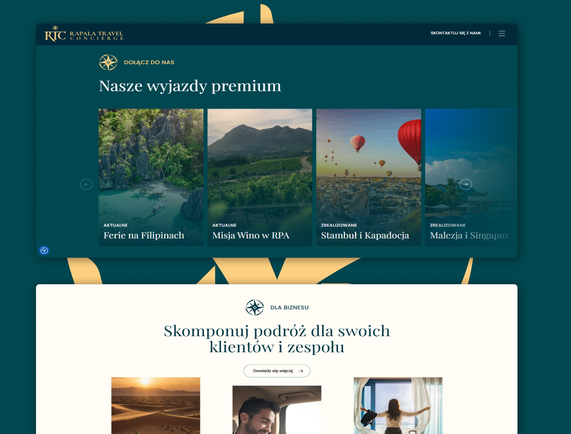 Widok desktopowy sekcji kierunków podróży premium na stronie Rapala.tc, łączący wysokiej jakości fotografię z intuicyjnym przyciskiem wezwania do działania.