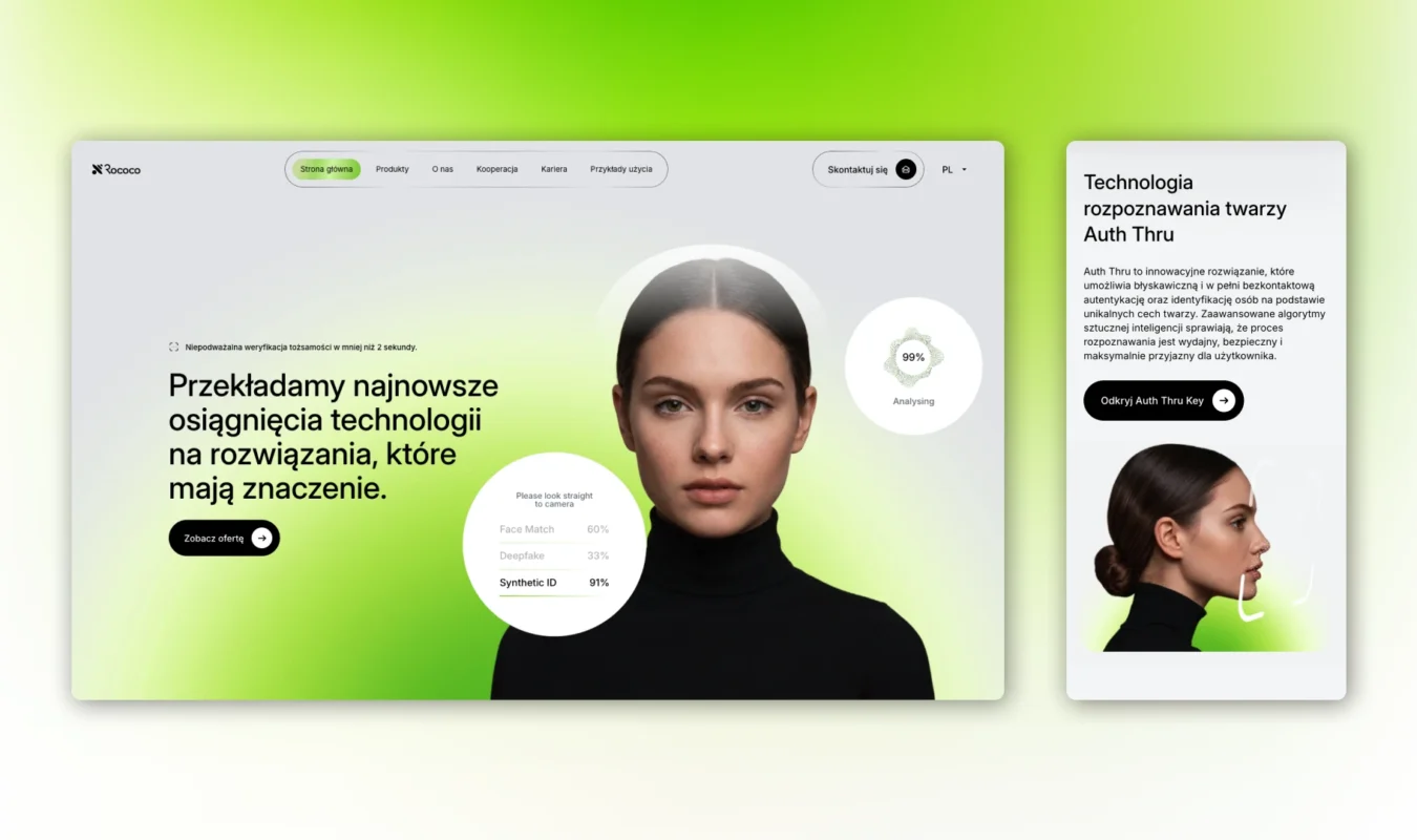 Strona główna Rococo Poland – projekt UX/UI sekcji hero z minimalistyczną typografią, zielonymi akcentami i prezentacją technologii biometrycznej Auth Thru.