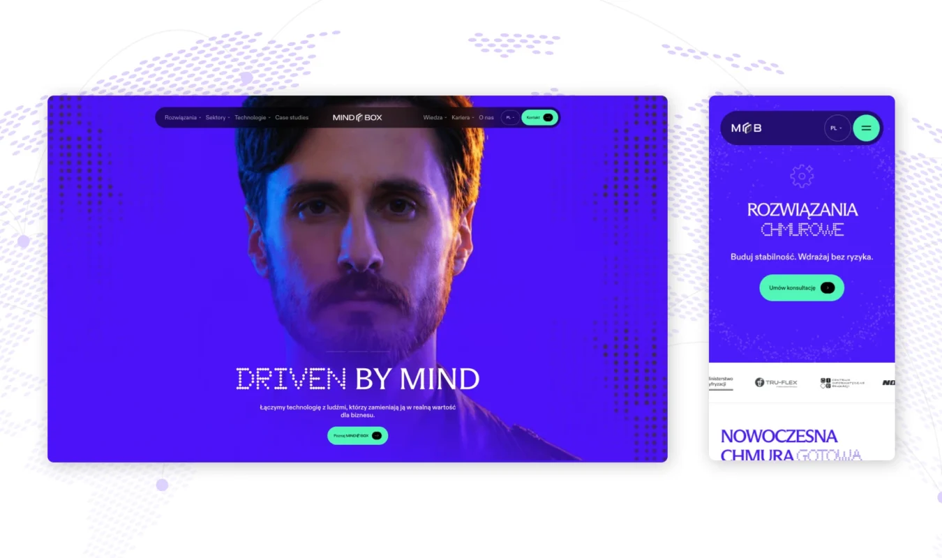 Okładka case study MINDBOX: animacja strony głównej na ekranie desktop oraz widok smartfona z sekcją hero podstrony Rozwiązania chmurowe autorstwa Wise People
