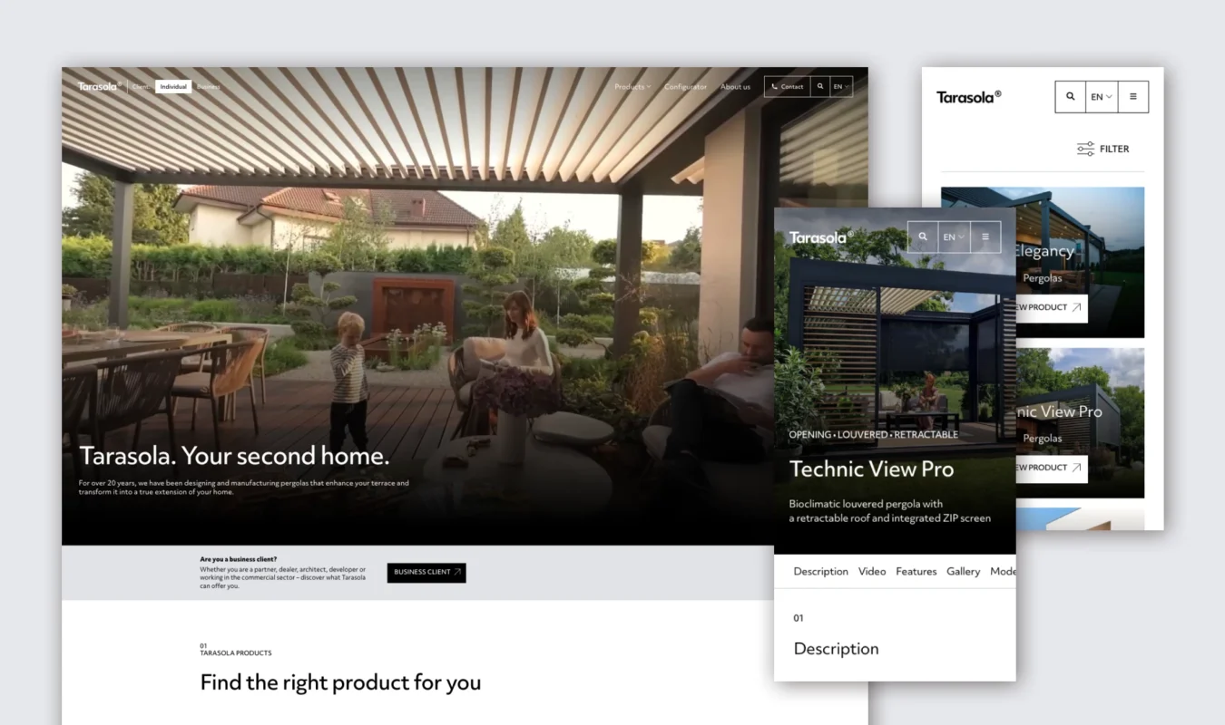 Mockups of the Tarasola website: homepage view on a laptop screen alongside mobile views of a product page and product catalog on smartphones.