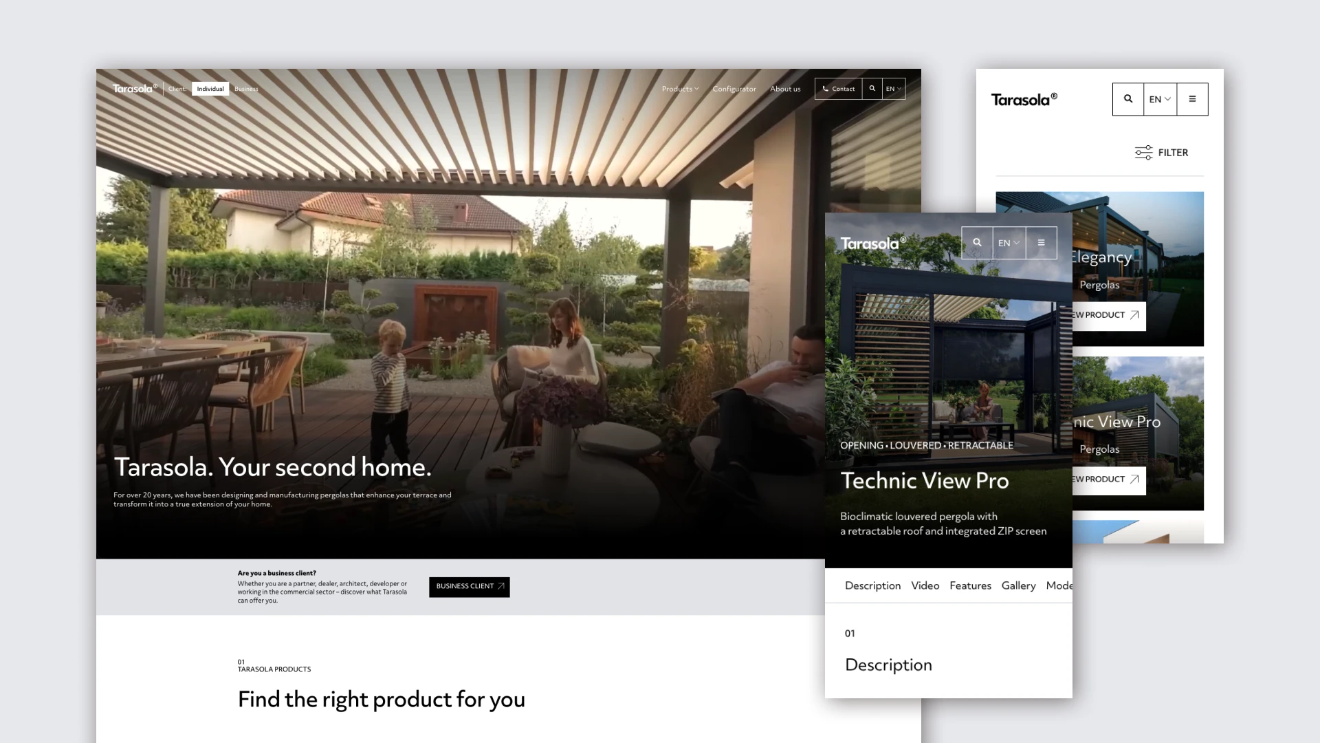 Mockups of the Tarasola website: homepage view on a laptop screen alongside mobile views of a product page and product catalog on smartphones.
