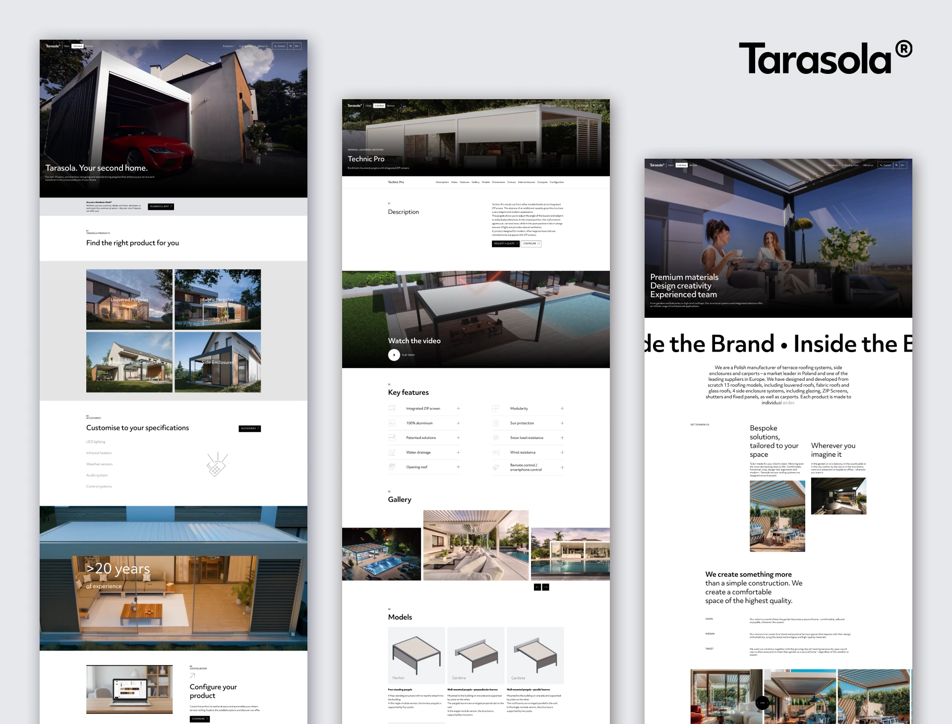 Three smartphone screens showcasing the mobile version of the Tarasola website: a product video player, the contact page, and the expanded mobile navigation menu.