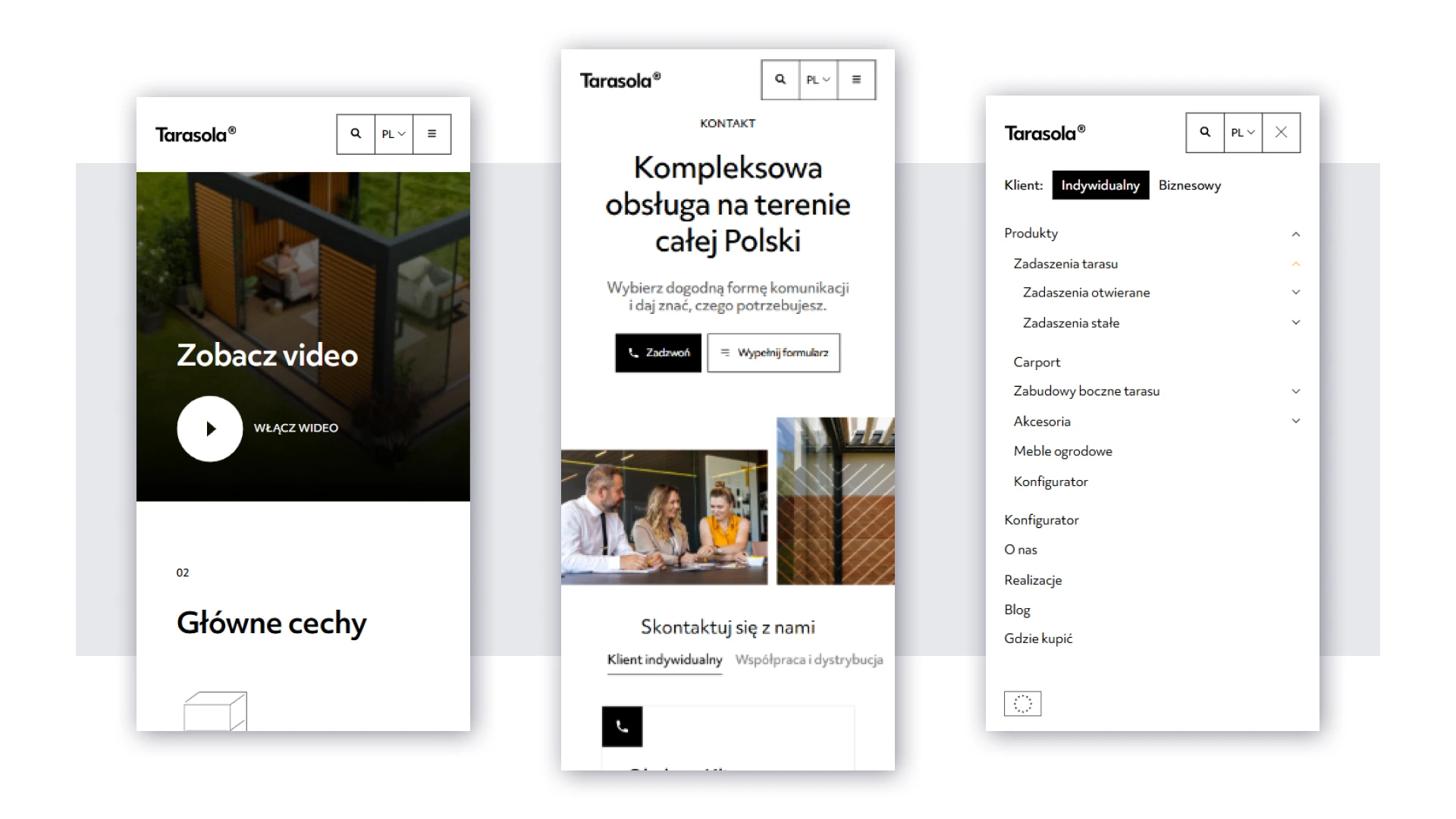 Trzy ekrany smartfonów prezentujące wersję mobilną serwisu Tarasola: odtwarzacz wideo produktowego, podstronę kontaktu oraz rozwinięte menu mobilne.