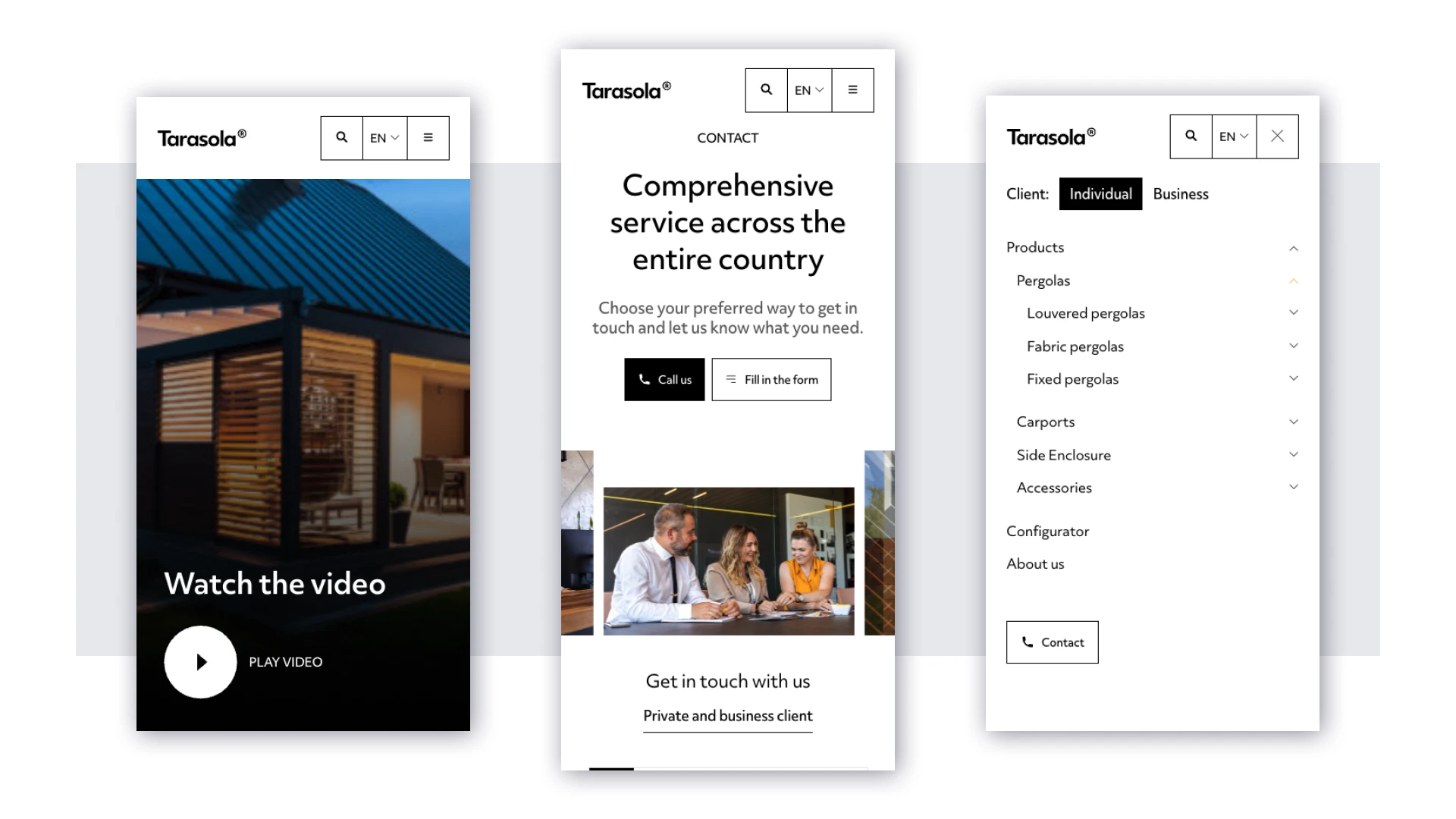 Composition of three desktop views of the Tarasola website: the homepage with a video background hero section, a product detail page, and the about us page.