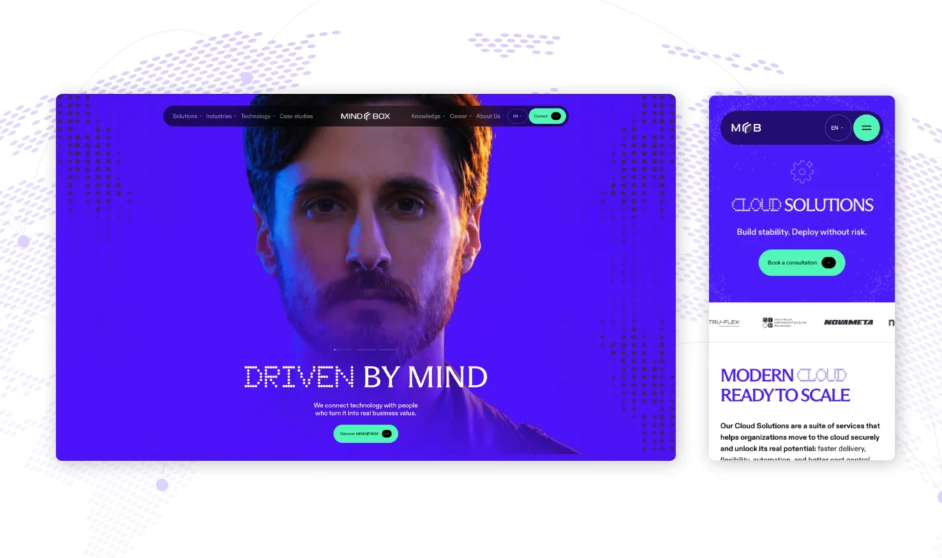 Okładka case study MINDBOX: animacja strony głównej na ekranie desktop oraz widok smartfona z sekcją hero podstrony Rozwiązania chmurowe autorstwa Wise People