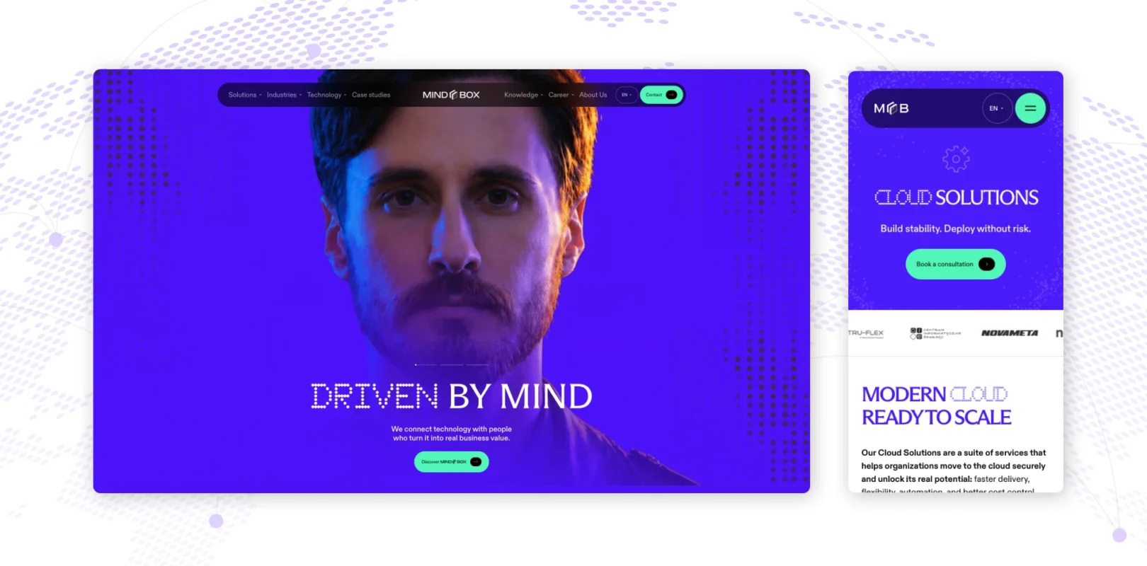 Okładka case study MINDBOX: animacja strony głównej na ekranie desktop oraz widok smartfona z sekcją hero podstrony Rozwiązania chmurowe autorstwa Wise People