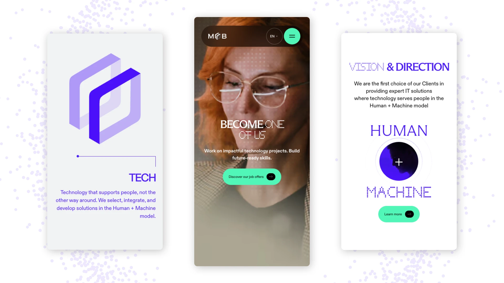 Trzy ekrany smartfona prezentujące mobilną wersję serwisu MINDBOX, w tym responsywny layout podstrony Kariera z nagłówkiem Dołącz do nas